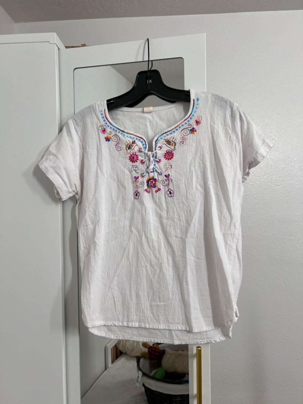 White Embroidered Short-Sleeve Peasant Tunic Top